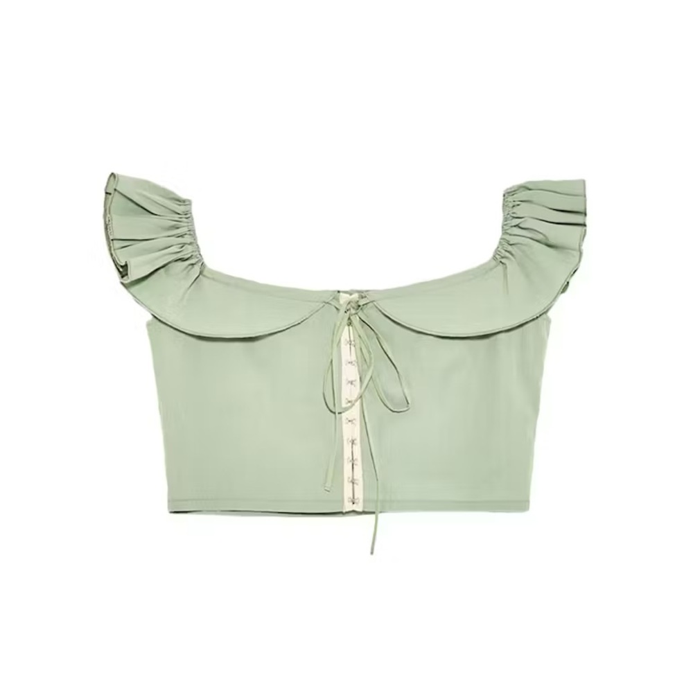 Zara Light Green Ruffled Off-Shoulder Blouse